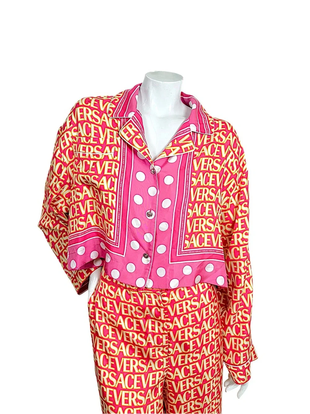 Versace x Dua Lipa 2023 Silk Logo Print Shirt & Wide Leg Pants Set